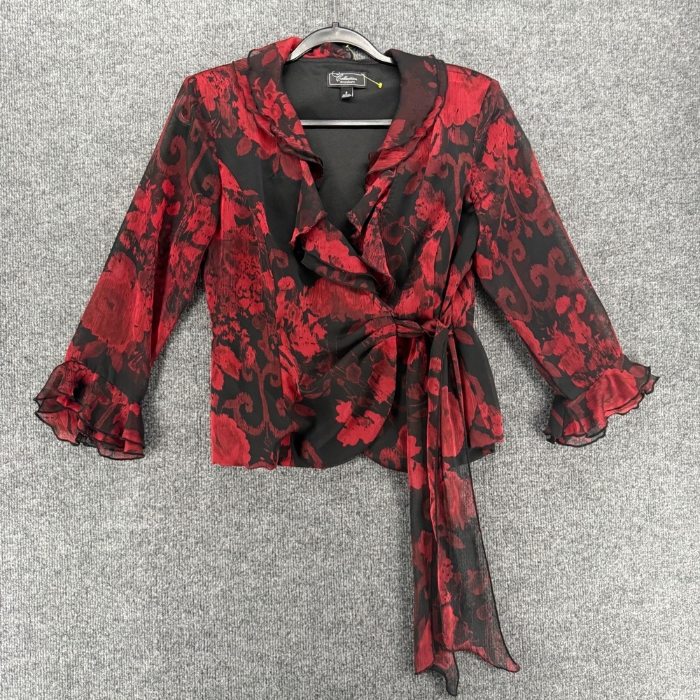 Dressbarn Wrap Top Size 6 Black Red Floral V-Neck Dark Fairy Whimsigoth Romantic